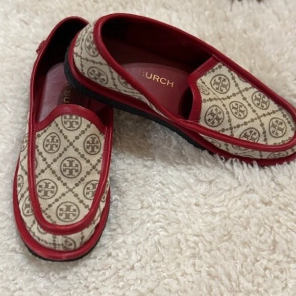 Tory Burch red leather and beige T Monogram Buddy Loafer size 9 - Picture 8 of 9